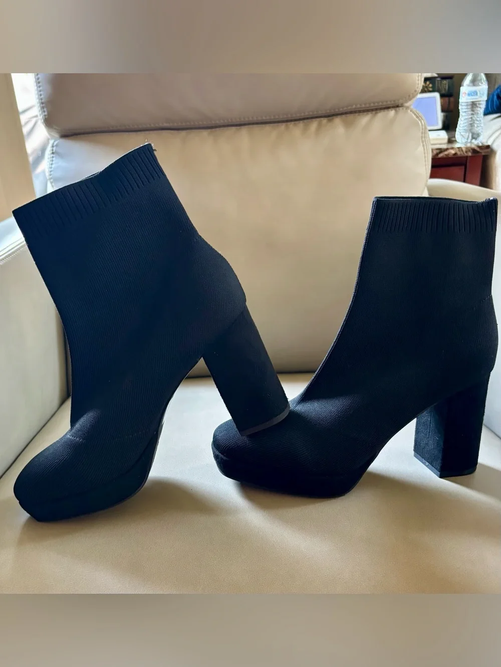 MIA Black Stretch-Knit Block Heel Ankle Booties